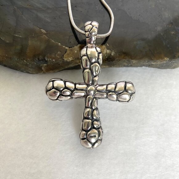 Sterling Silver 925 RB Chunky Pebbled Dot Pattern Cross Pendant Necklace 24" - Picture 11 of 16